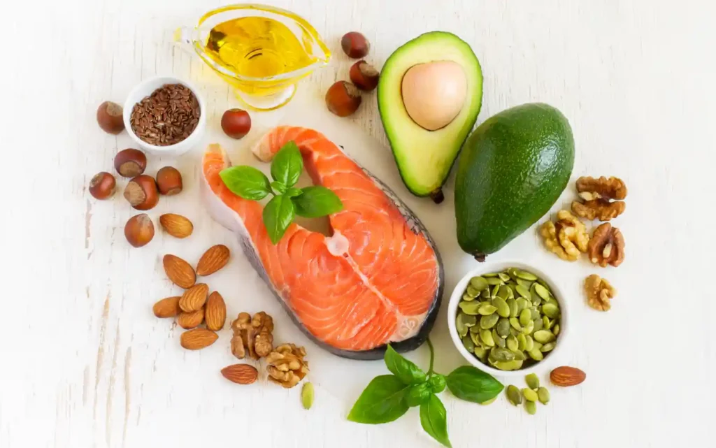 Salmon, Avocado, Nuts, Olive Oil