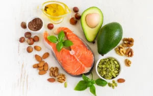 Salmon, Avocado, Nuts, Olive Oil