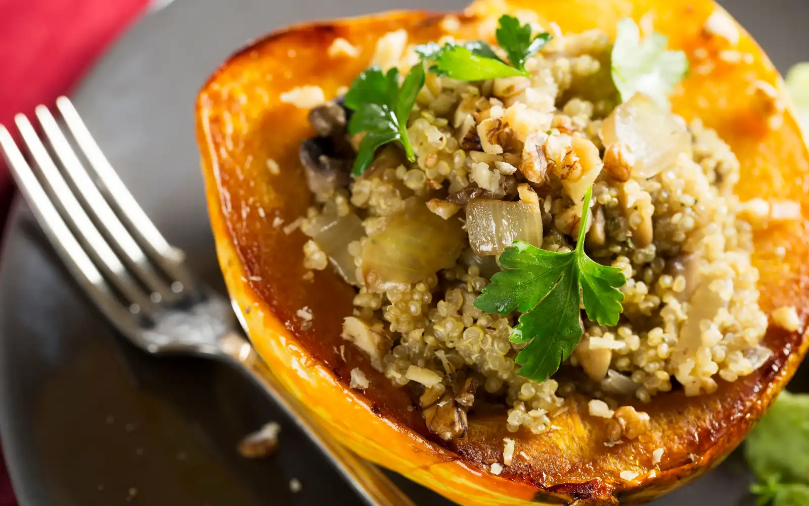 Acorn squash with quinoa and a fork