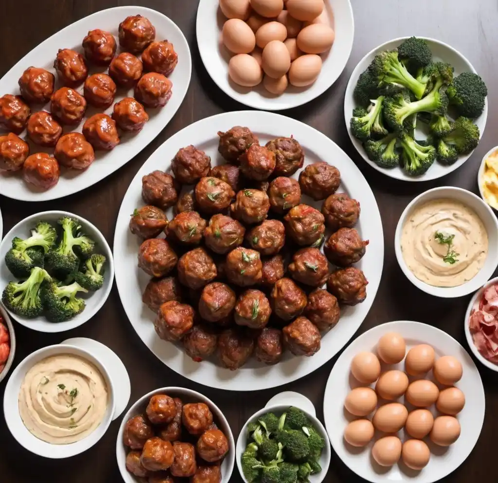 Meatballs, Broccoli, Humus, Eggs on plates