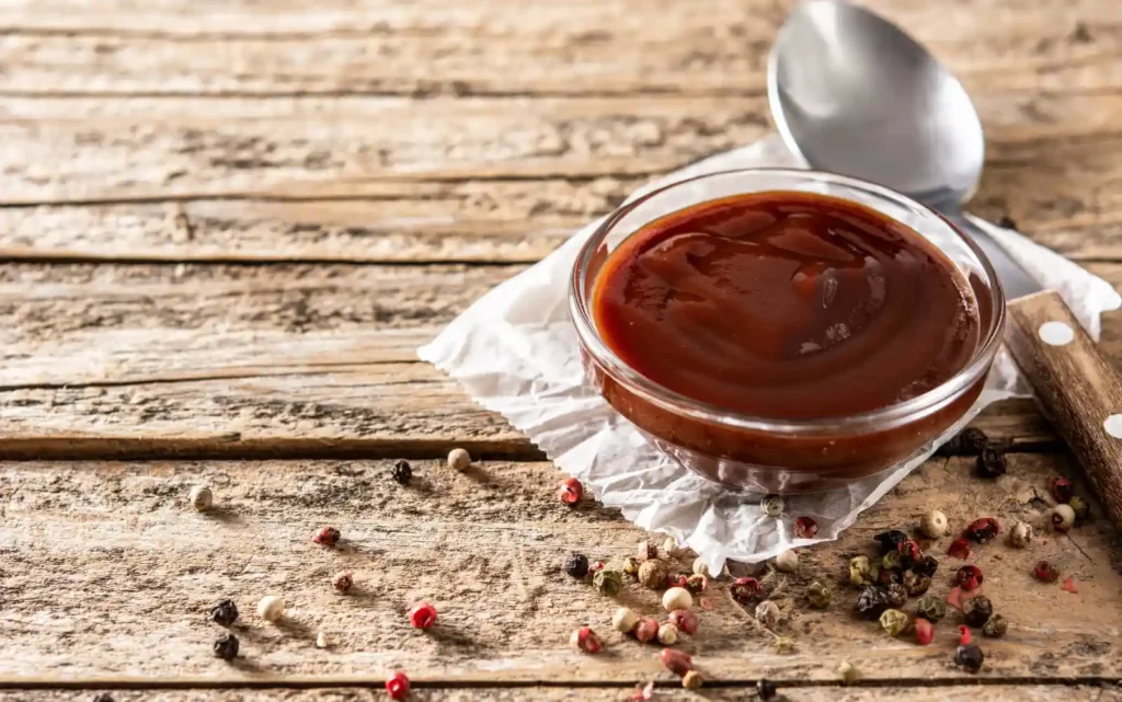 BBQ sauce in a small translucent container with a spoon next to it.