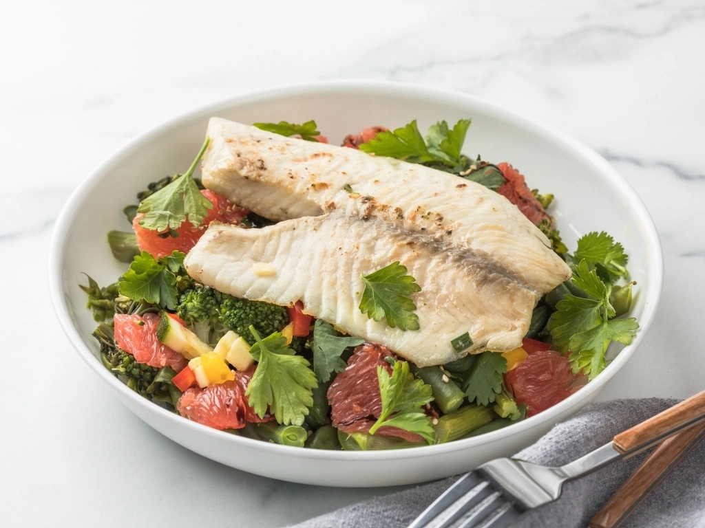 Bowl of tilapia and red grapefruit salad with assorted greens on a marbled white surface, next to a fork