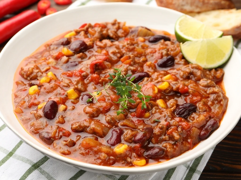 Bowl of beef and bean chili served with lime wedges, next to fresh peppers and sliced bread