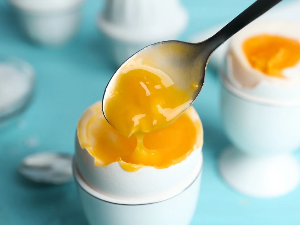 Soft-boiled egg in an egg cup with its shell cracked open as a spoon scoops the inside, set on a blue table with various breakfast items in the background