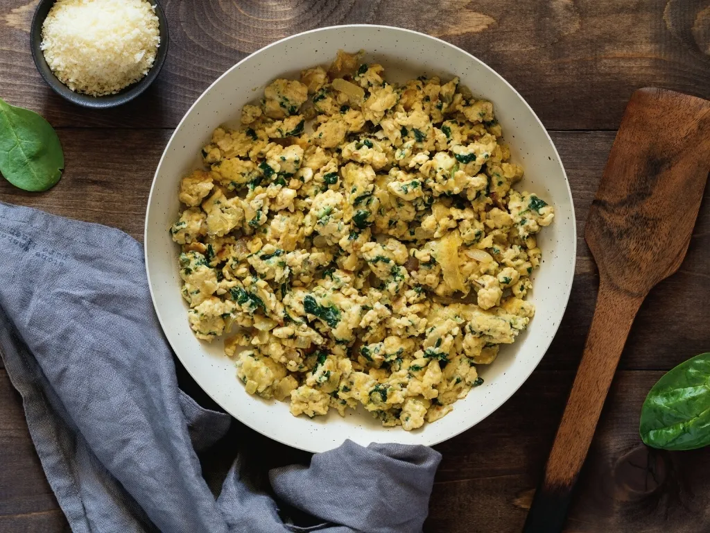 Overhead view of scrambled eggs with spinach, served on a white plate next to a tablecloth, wooden spoon, raw spinach leaves, and a small bowl of grated cheese