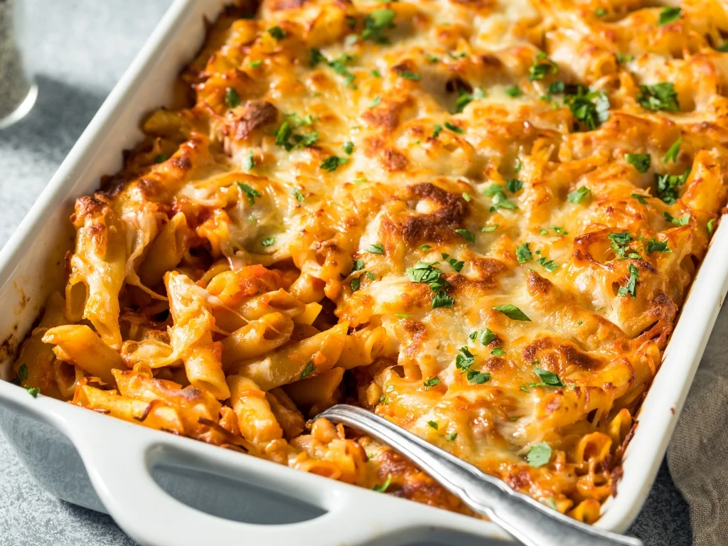White baking dish filled with cheesy baked penne pasta, topped with golden melted mozzarella and fresh parsley