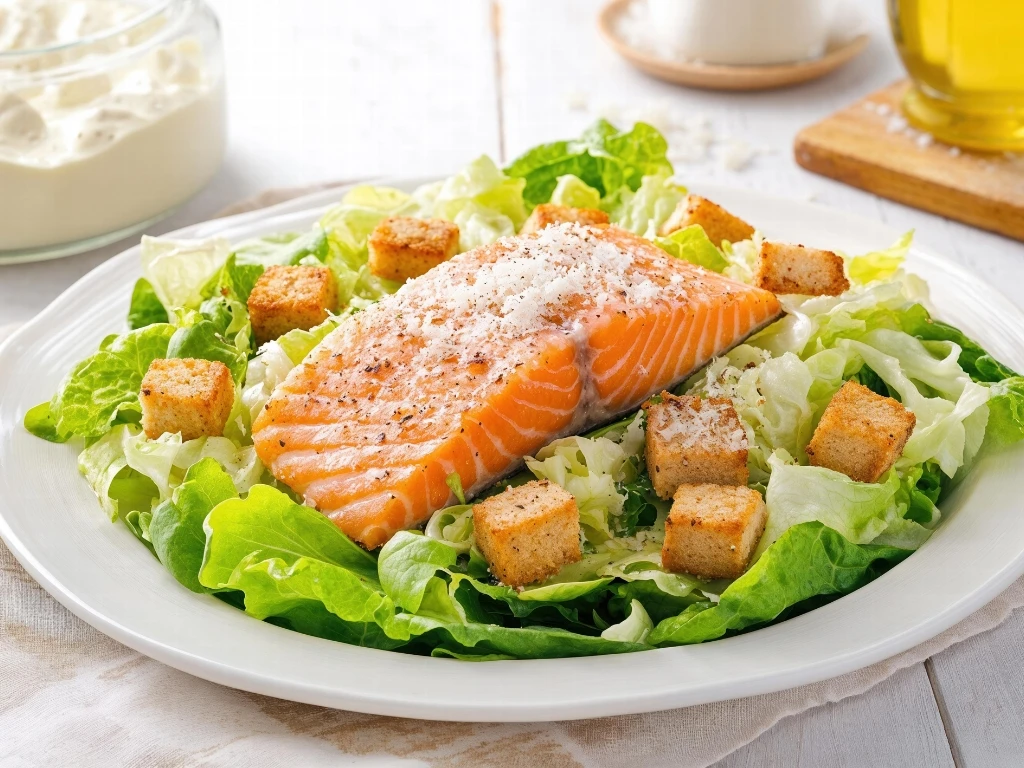 Plate of salmon Caesar salad with whole-wheat croutons