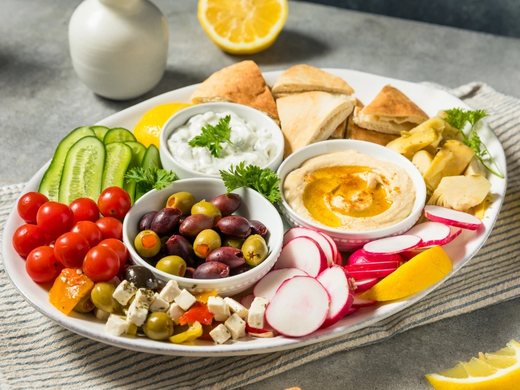 Mediterranean snack plate with hummus, olives, and various vegetables