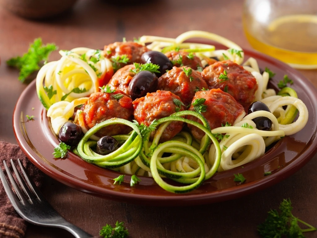 Plate of turkey meatballs in tomato sauce with whole-grain and zucchini pasta, with a fork, tablecloth, tomatoes, herbs, and a container of olive oil across the table
