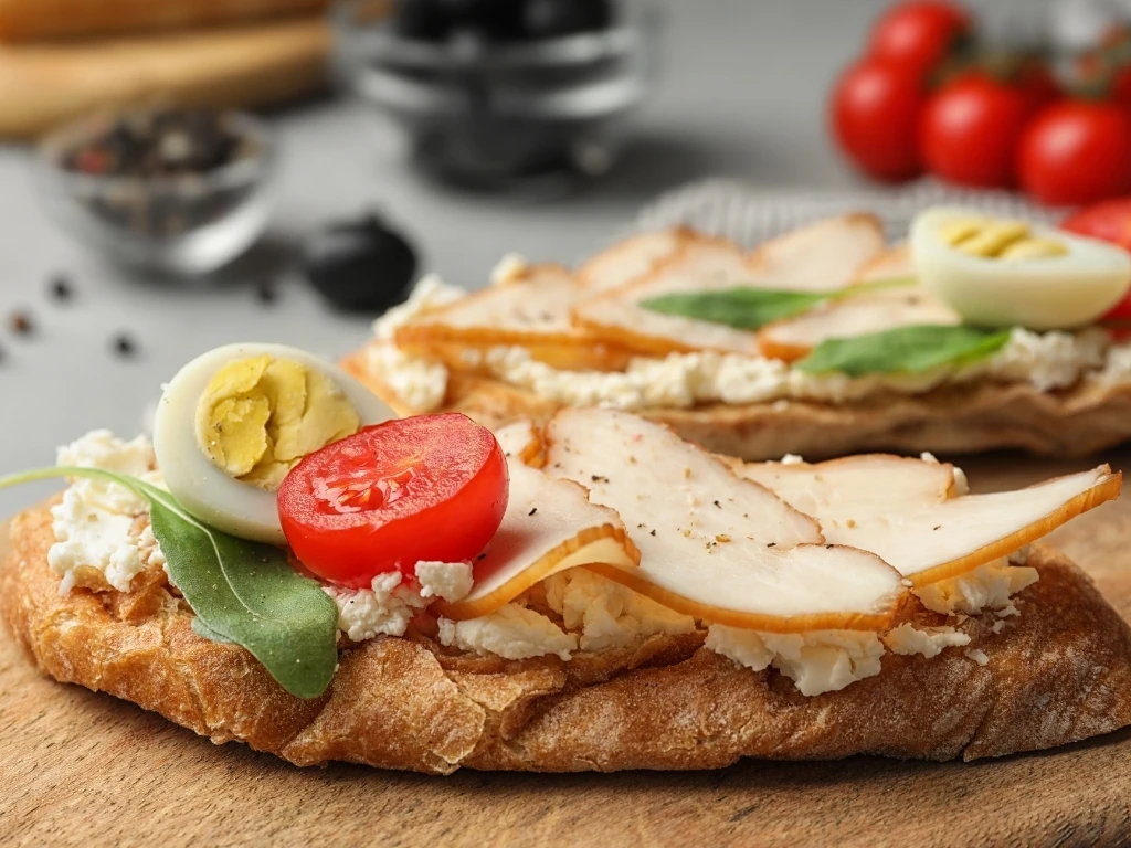 Open-faced sandwich with egg, tomato, sliced white meat, and cream cheese on a wooden board