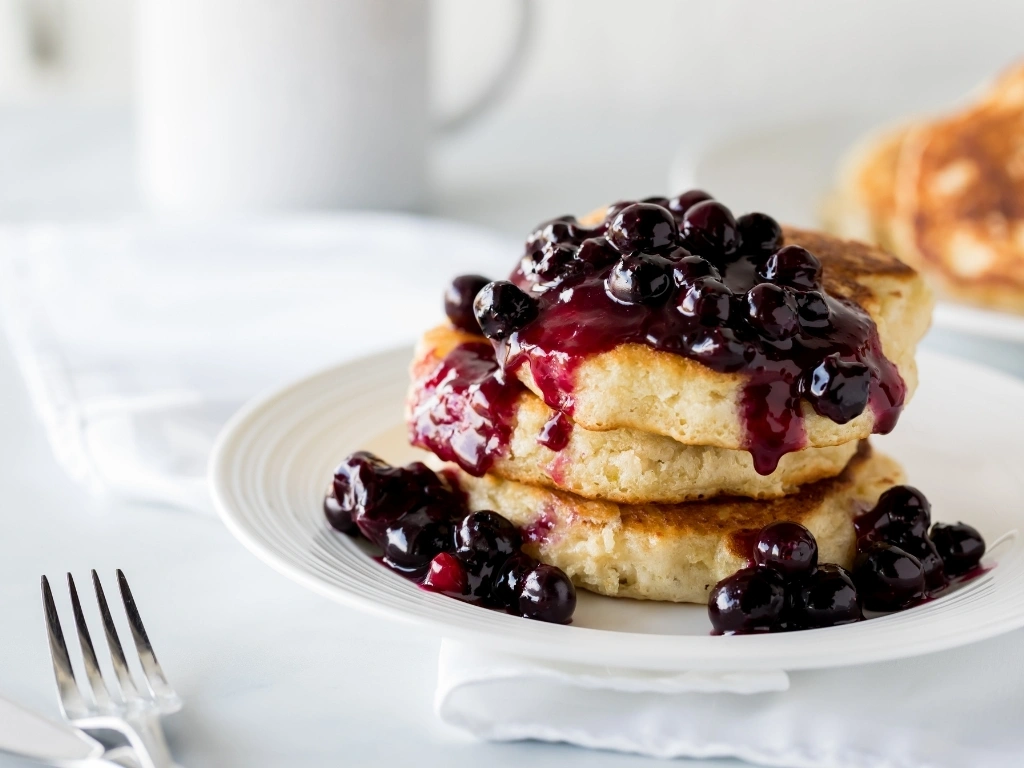 Pancakes topped with warm berry compote