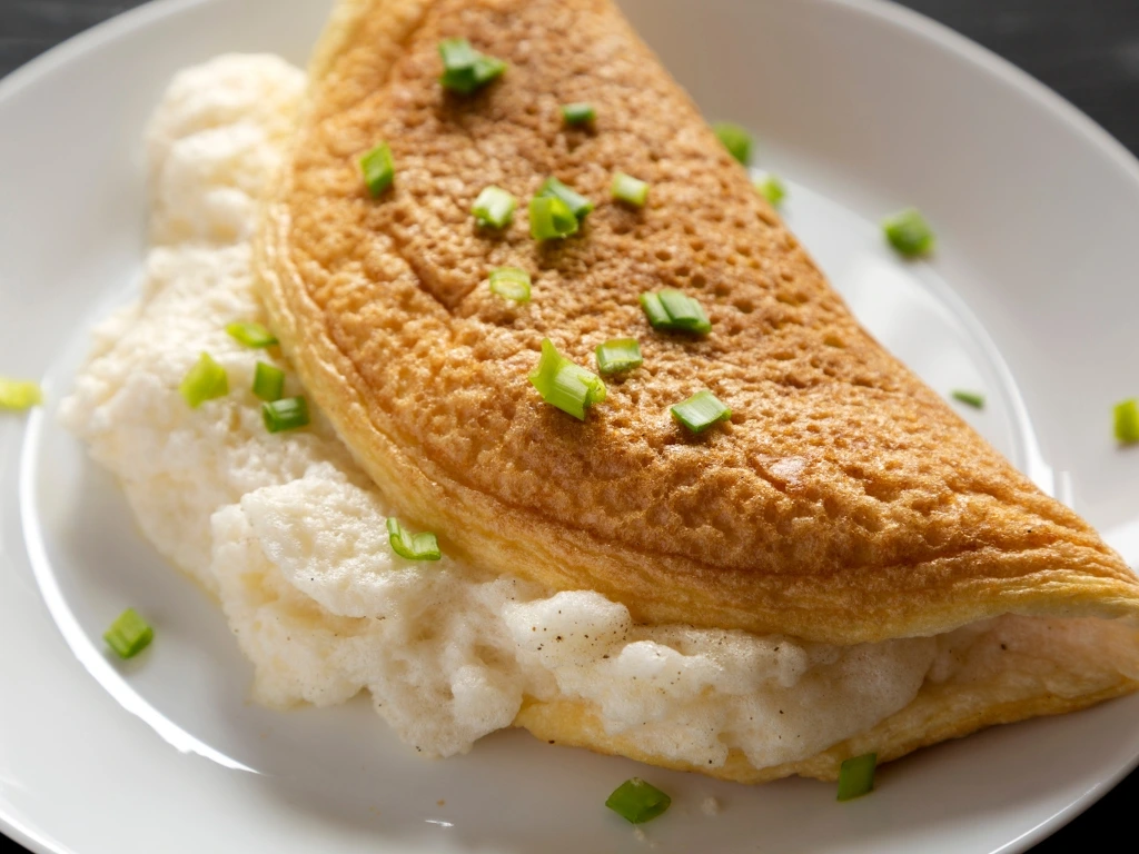 Fluffy egg-white omelet garnished with green onions