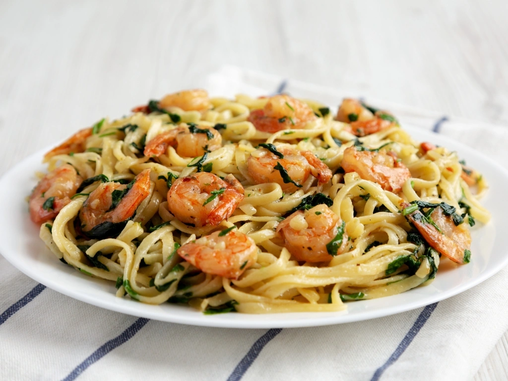 Plate of shrimp pasta tossed with olive oil and spinach