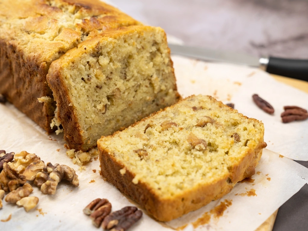 Sliced banana bread loaf with walnuts