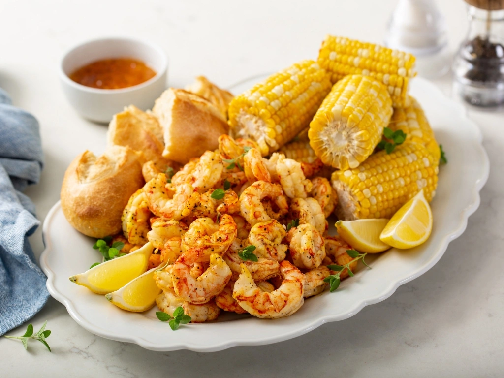 Platter of seasoned shrimp boil with corn on the cob, bread pieces, and lemon wedges