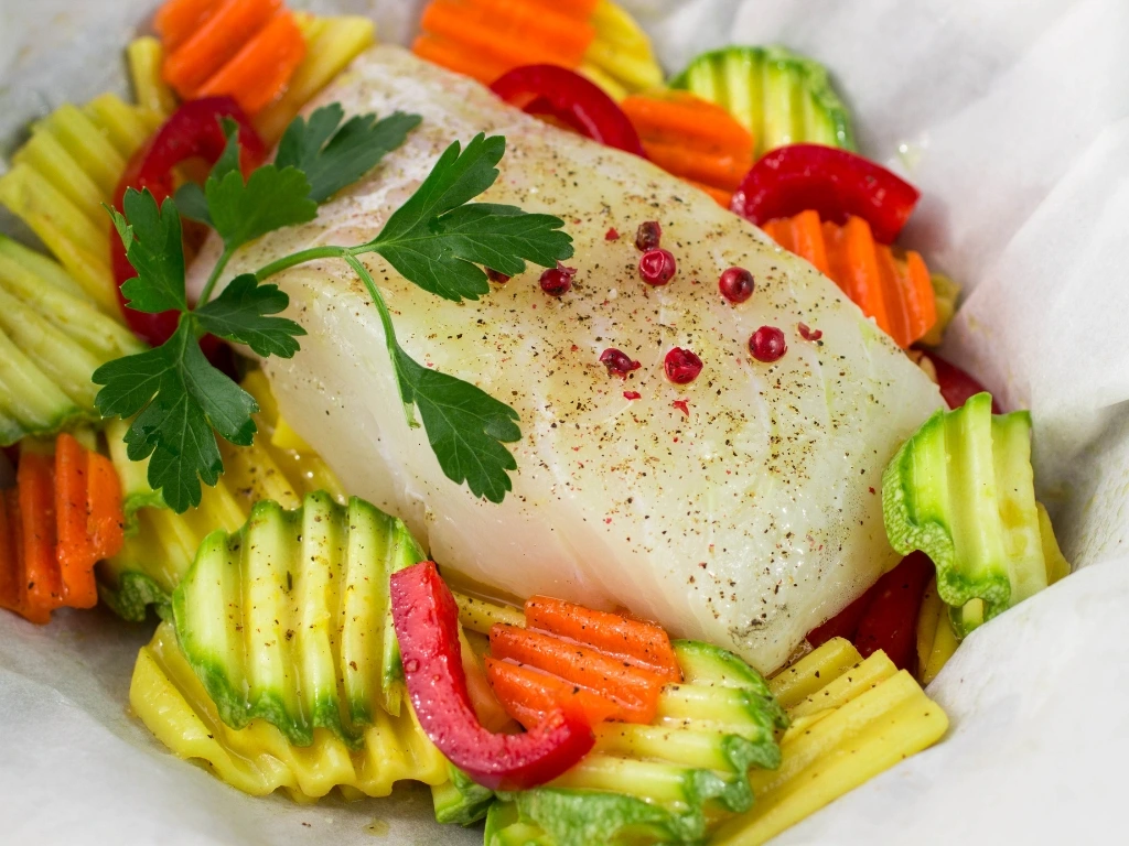 Seasoned halibut fillet with crinkle-cut zucchini, carrots, and bell peppers in parchment paper
