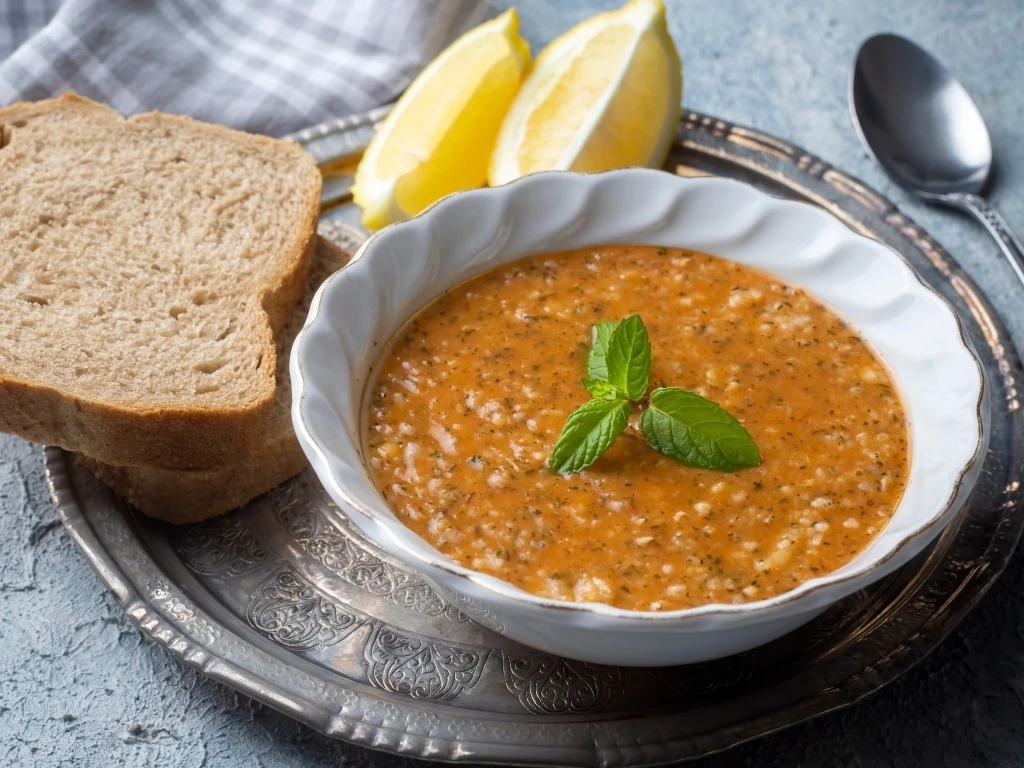 Lentil soup served on a silver platter with whole-grain toast, slices of lemon, and a silver spoon