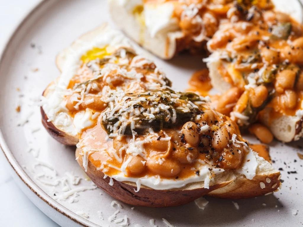 Two pieces of toast, topped with beans, cheese, and herbs, and served on a white plate