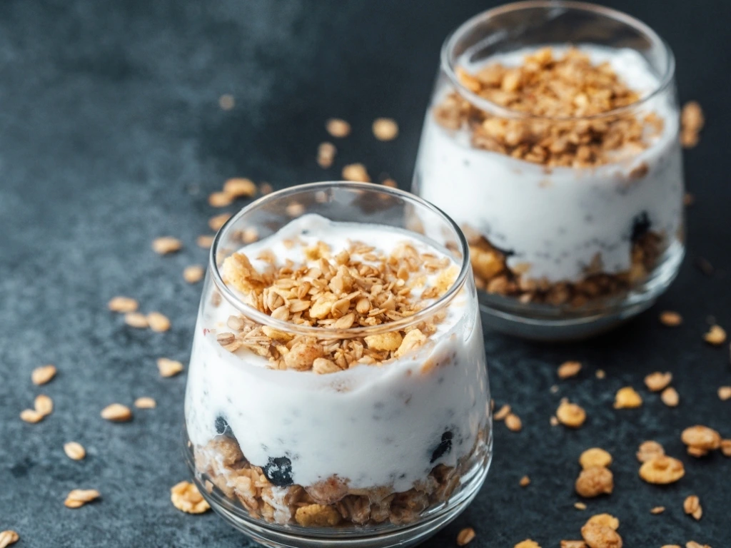 Two glasses of granola and kefir parfait with nuts and blueberries, served on a dark surface next to scattered granola