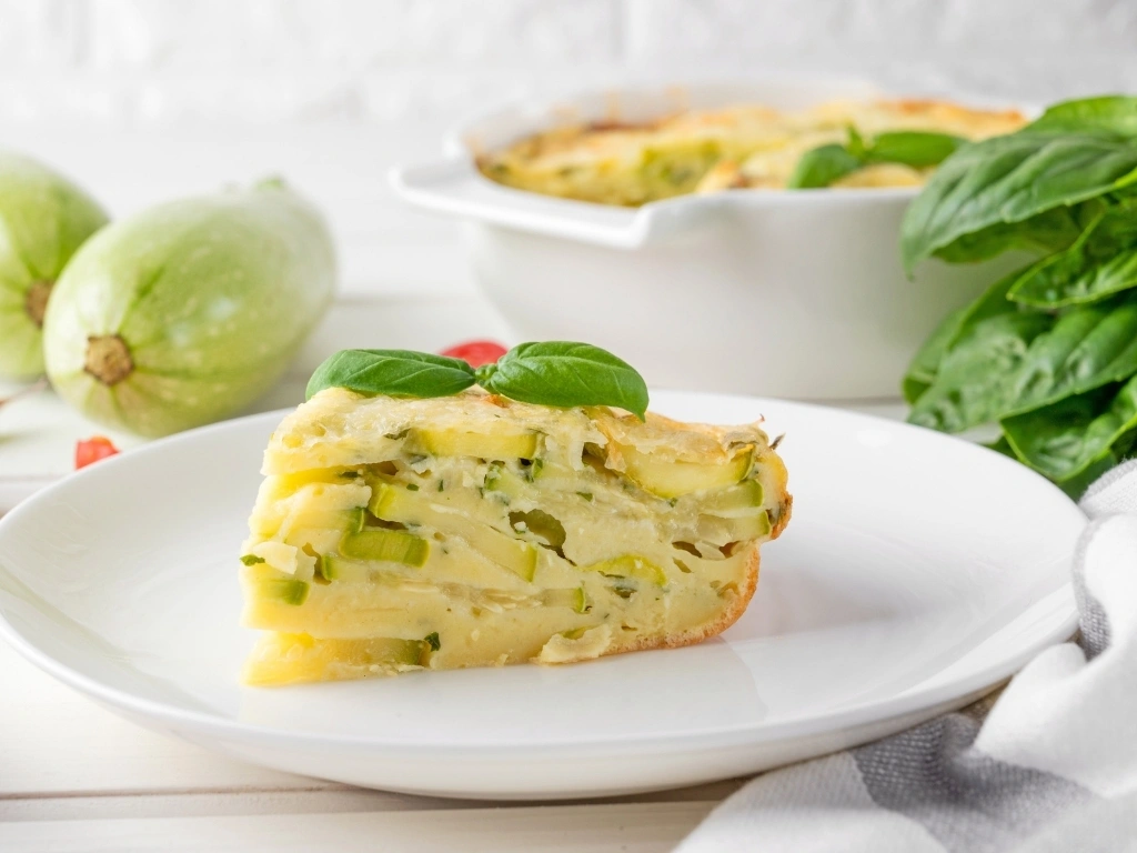 Slice of onion and zucchini frittata served on a white plate next to key ingredients and a bowl of the same dish