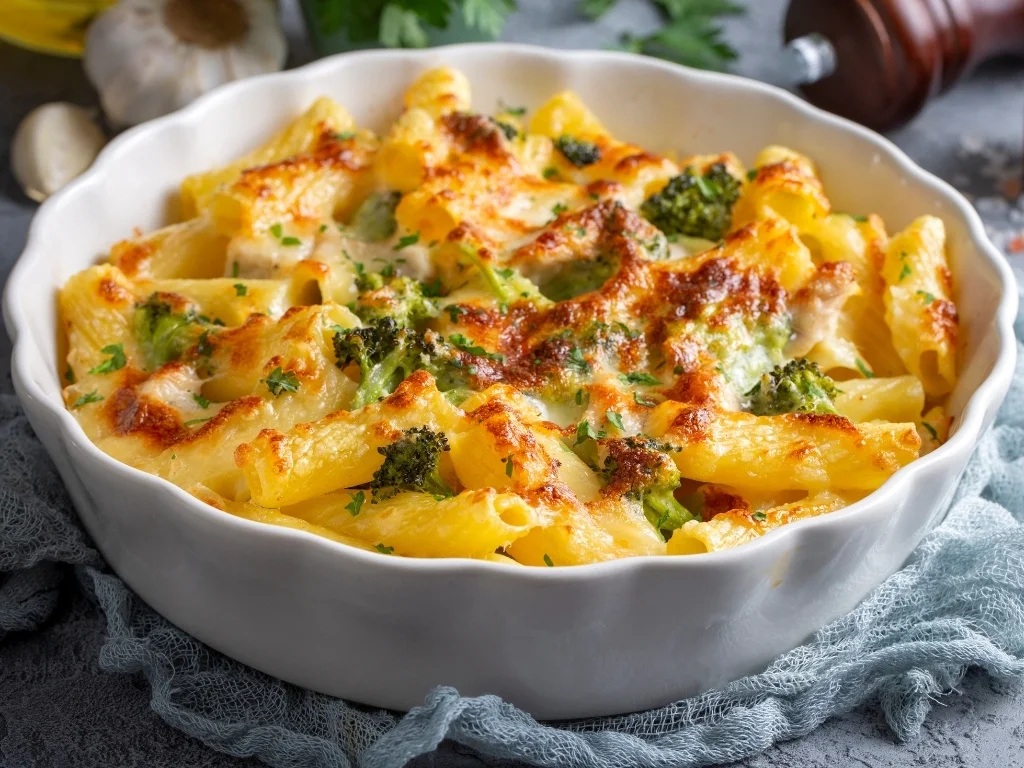 Lentil and vegetable pasta bake in a white bowl