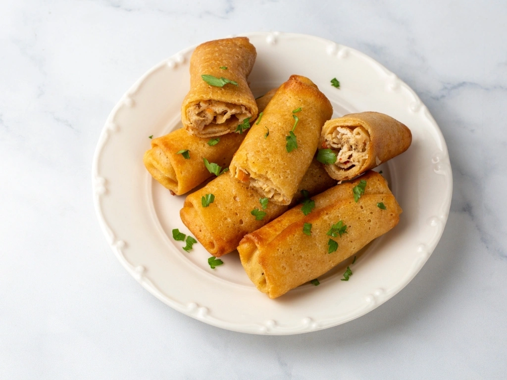 Plate of chicken spring rolls on a white marbled surface