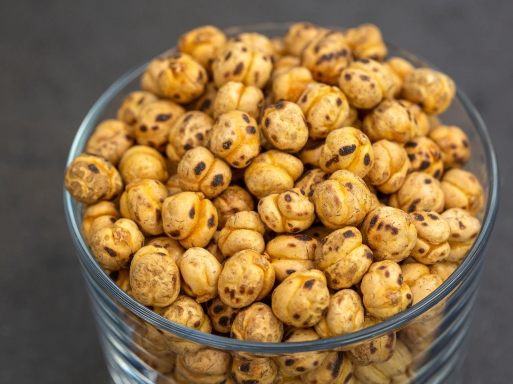 Roasted chickpeas in a transparent glass bowl