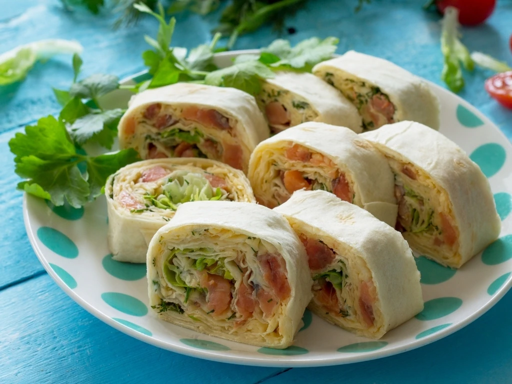 Sandwich roll-ups garnished with herbs and served on a plate with blue polka dots