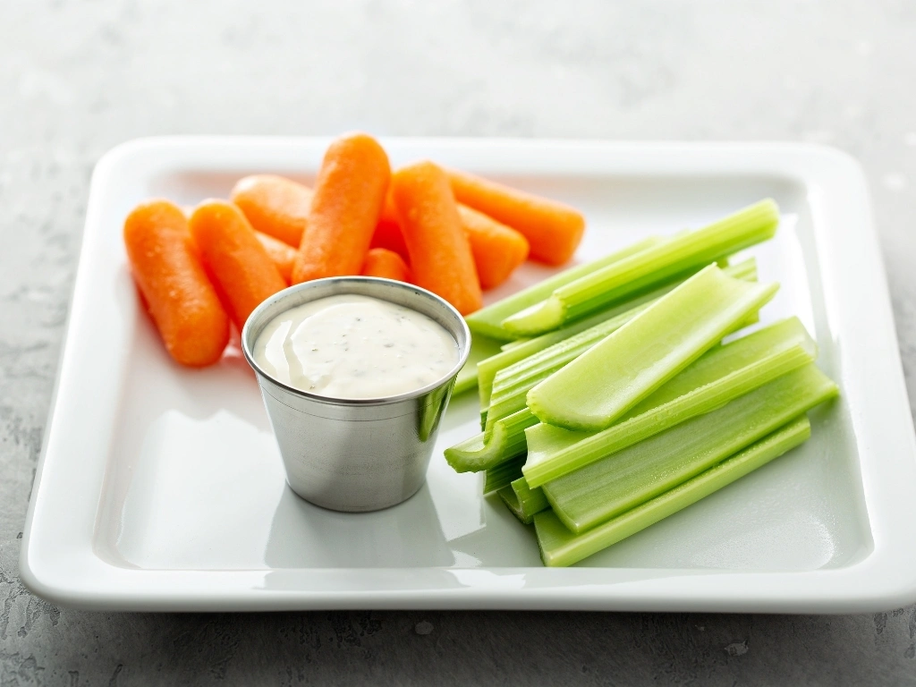 Carrot and celery sticks served on a white plate with a ranch dip