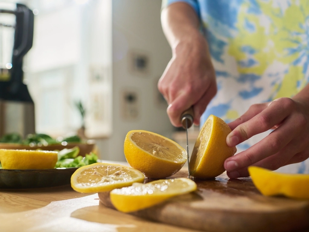 A person slicing a lemon on a cutting board