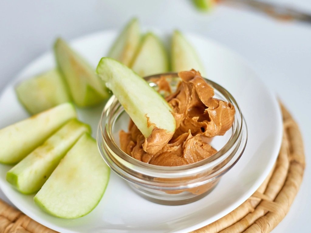 Plate of sliced green apples, served with a small bowl of peanut butter dip