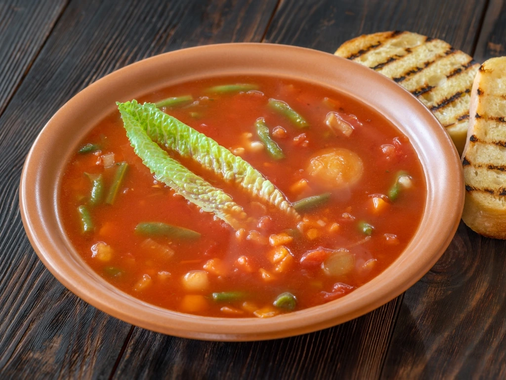 Bowl of tomato-based vegetable and bean soup garnished with a lettuce leaf, served with grilled bread slices
