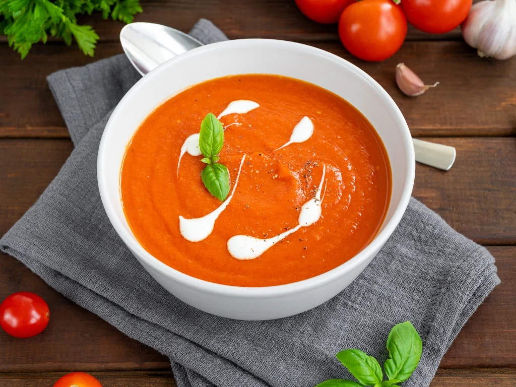 Bowl of tomato soup with basil and cream served on a tablecloth next to raw ingredients, a spoon, and herbs across the table