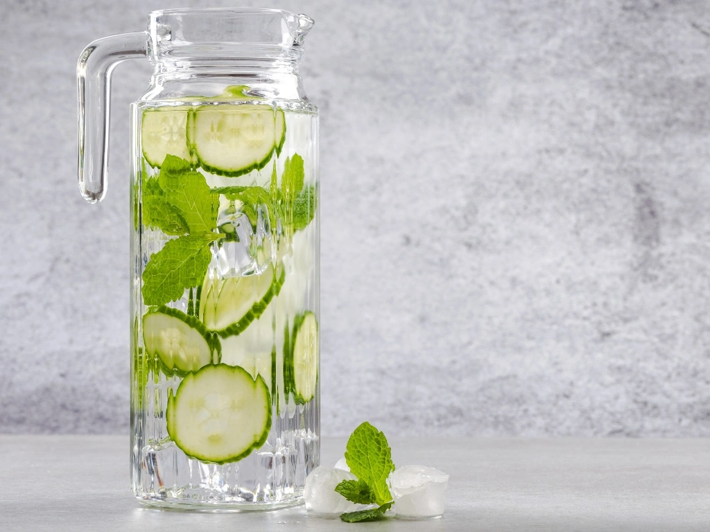 Cucumber and mint-infused water in a clear glass pitcher, next to mint leaves and ice cubes