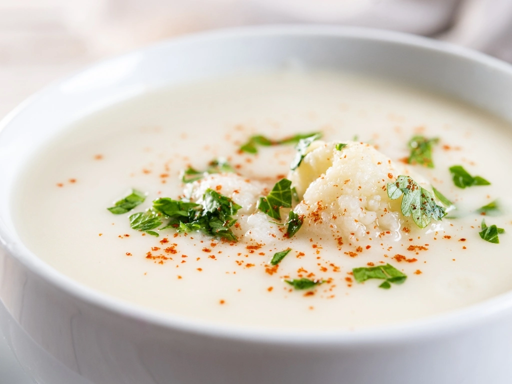 Bowl of white soup with herbs, spices, and some cauliflower bits