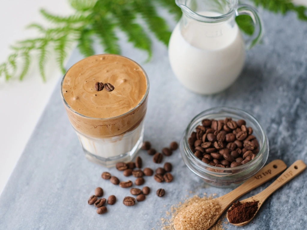 Glass of dalgona coffee on a marbled surface next to a small pitcher of milk, a bowl of coffee beans, and wooden spoons with coffee grounds and brown