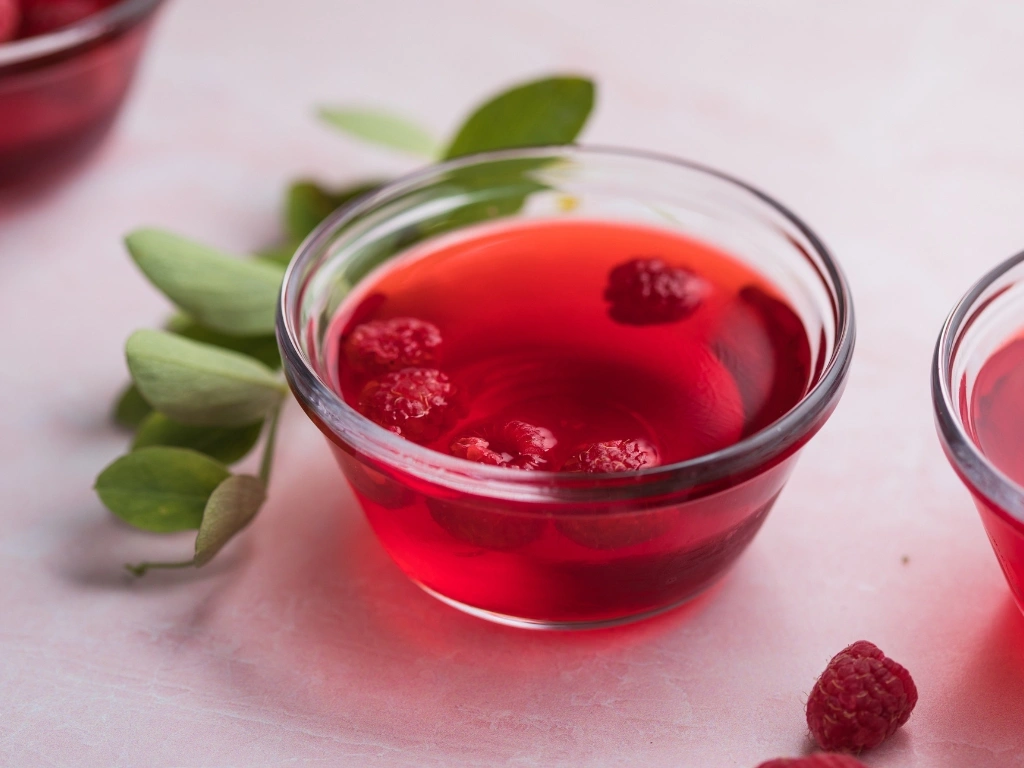 Raspberry gelatin with fruit bits in small bowls, next to green leaves on the table