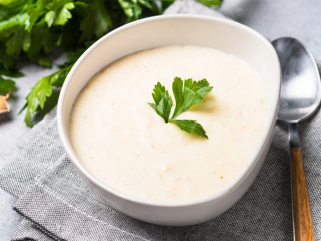 Cream of chicken soup in an irregularly shaped white bowl, served on a tablecloth next to a spoon and fresh herbs