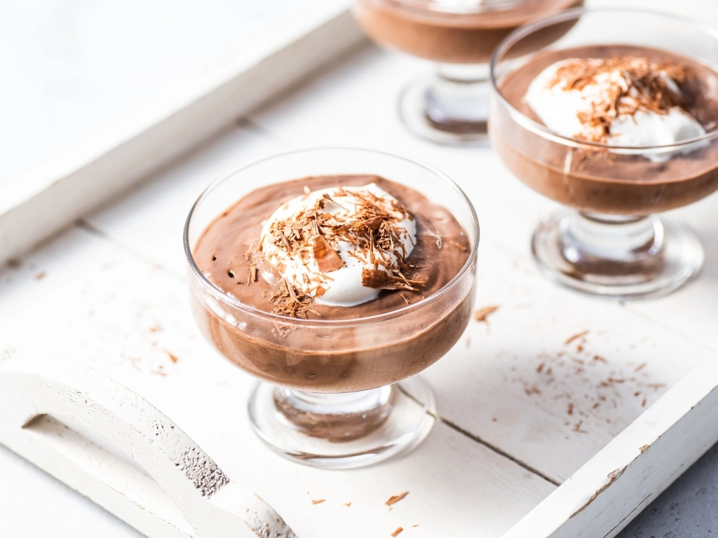 Three glasses of chocolate protein mousse, served on a white wooden tray