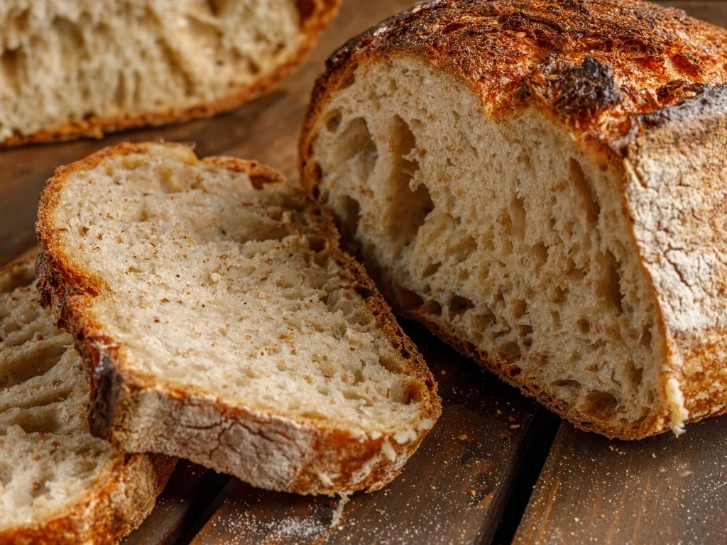 Sliced sourdough bread on a wooden table