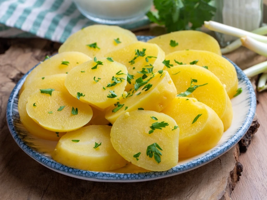Sliced boiled potatoes on a plate, lightly garnished with herbs