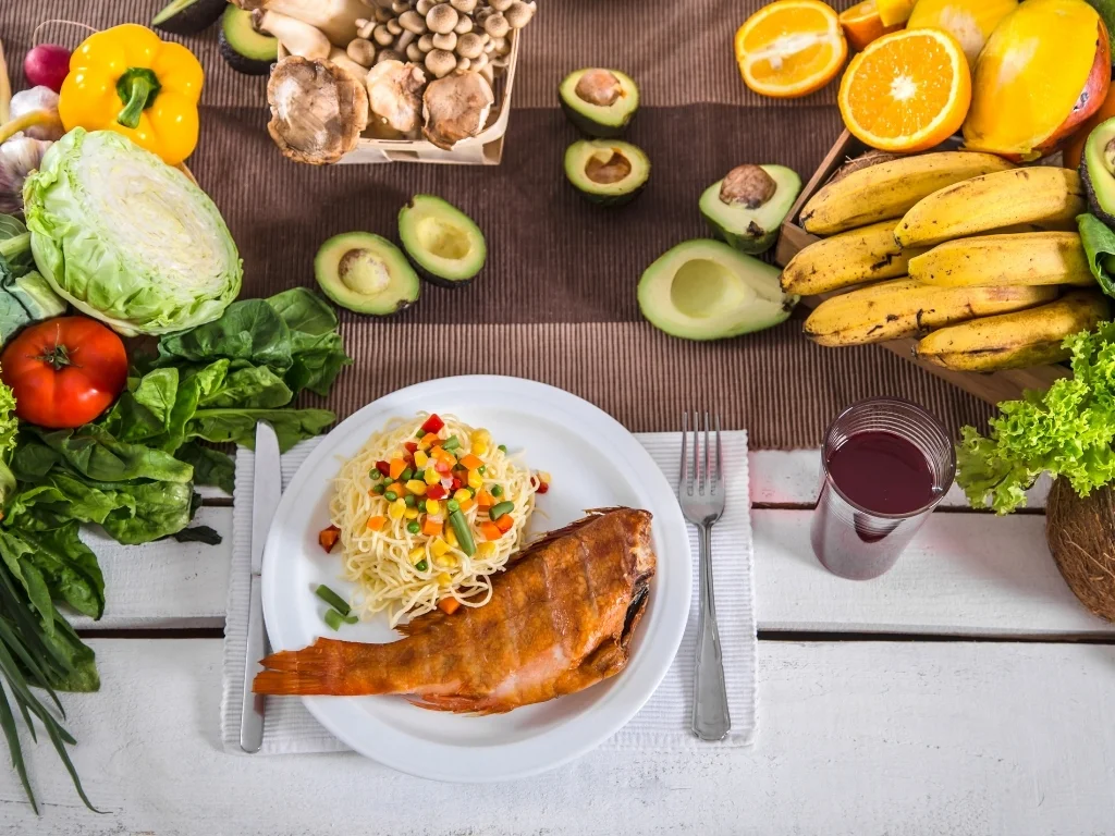 Lunch at the table with healthy organic food . Top view