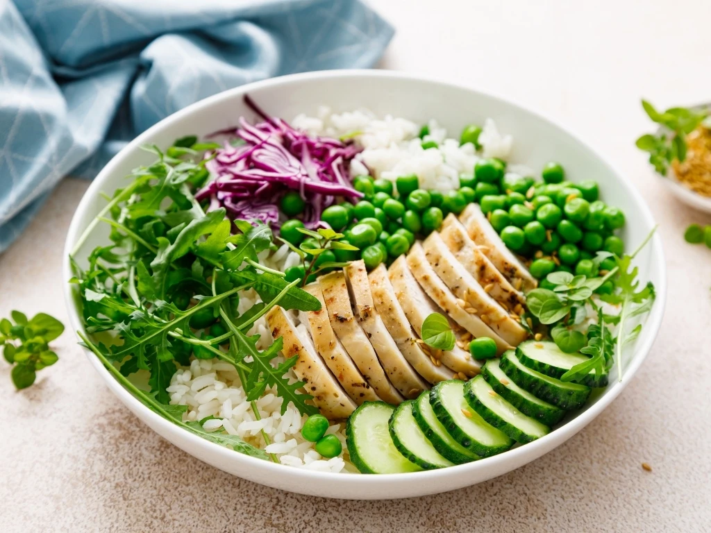 A balanced plate of grilled chicken, rice, peas, and other vegetables