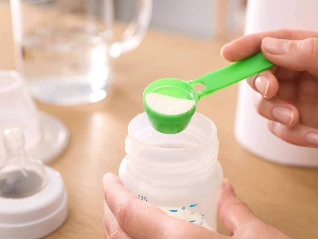 Person filling a baby bottle with a scoop of milk formula