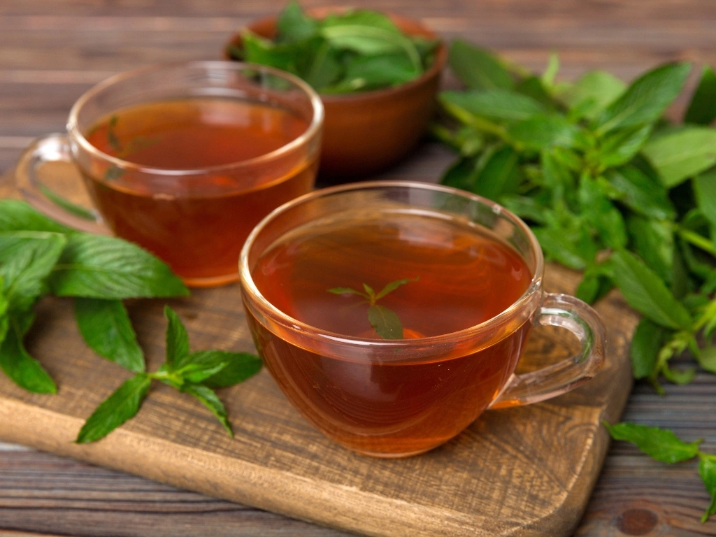 Two glass cups of herbal mint tea on a wooden board with fresh mint leaves