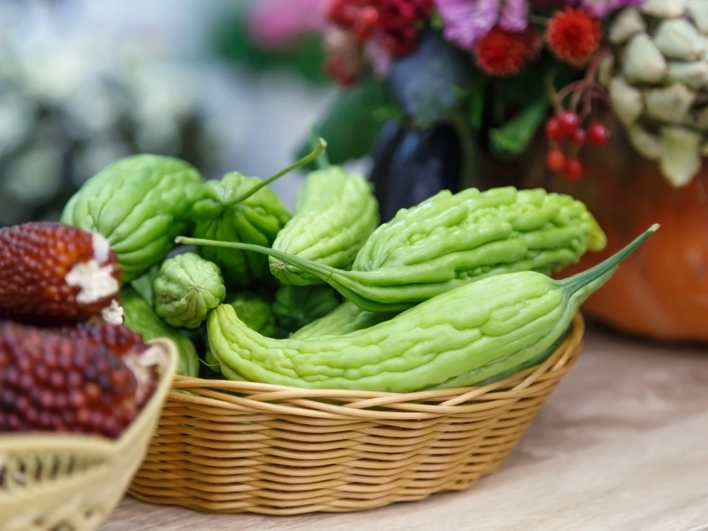 Wicker basket filled with bumpy green bitter melons next to a bowl of dark red ornamental corn