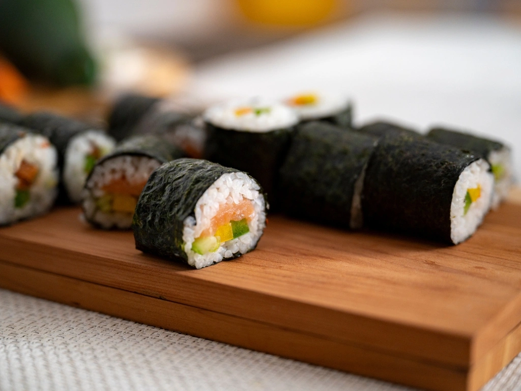 Homemade sushi rolls on a wooden table