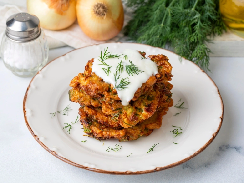Stack of fried vegetable fritters topped with yogurt and garnish