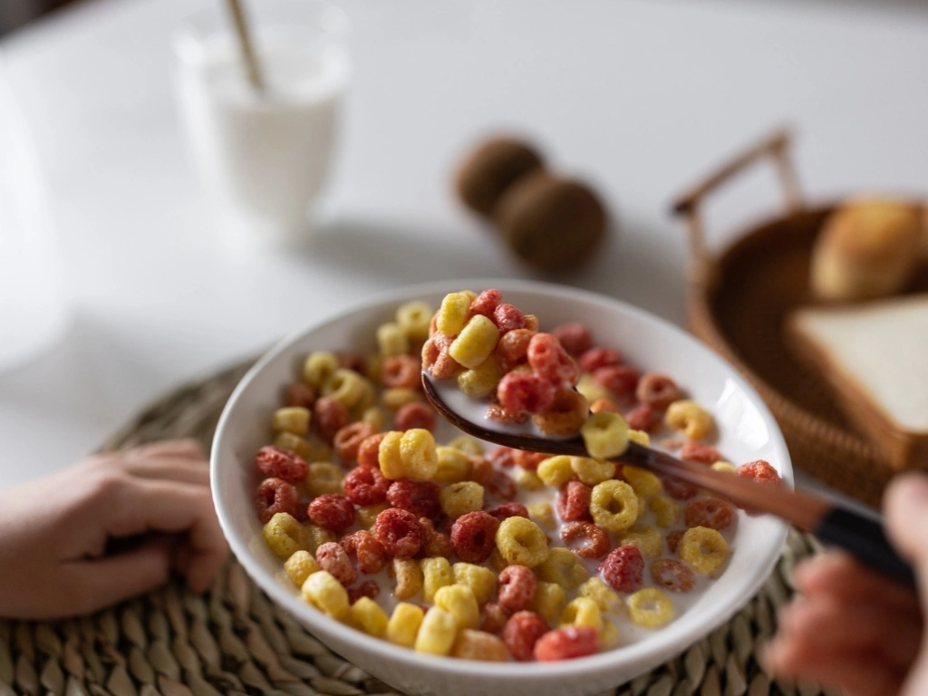 Person scooping a spoonful of colorful breakfast cereals from a bowl