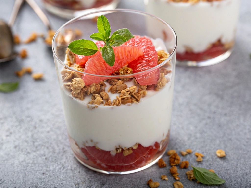 Glasses of Greek yogurt parfait with grapefruit and granola, garnished with mint